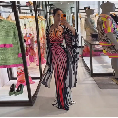 Chic Gradient Stripe Halter Dress Women Butterfly Sleeve Backless Slim Floor-length Dresses 2026 New Lady Party Evening Gown ﻿