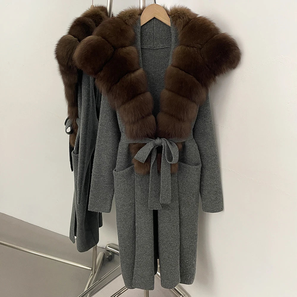 OFTBUY Fashion Warm Belt Real Fox Fur Cardigan New Natural Fur Collar Long Knit Jacket Women Atrumn Winter Top Clothing Female