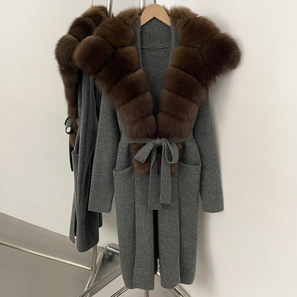 OFTBUY Fashion Warm Belt Real Fox Fur Cardigan New Natural Fur Collar Long Knit Jacket Women Atrumn Winter Top Clothing Female