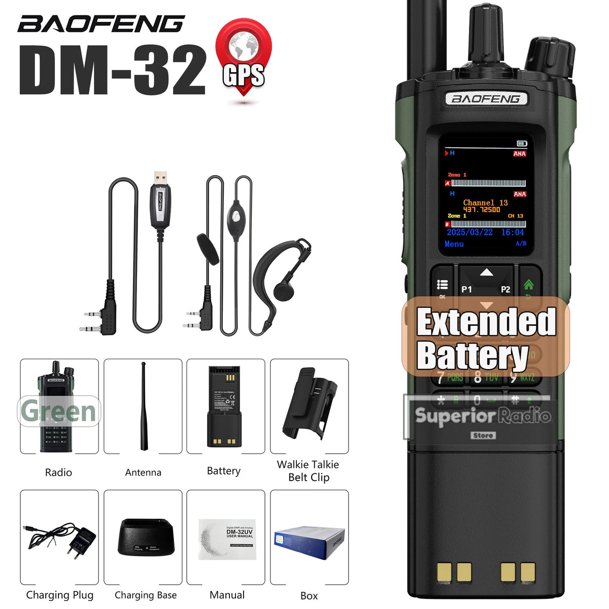 Baofeng DM-32 DMR Digital Walkie Talkie Upgraded Extended Battery High Capacity GPS APRS Dual Mode Analog Dual Time Slot  AM FM