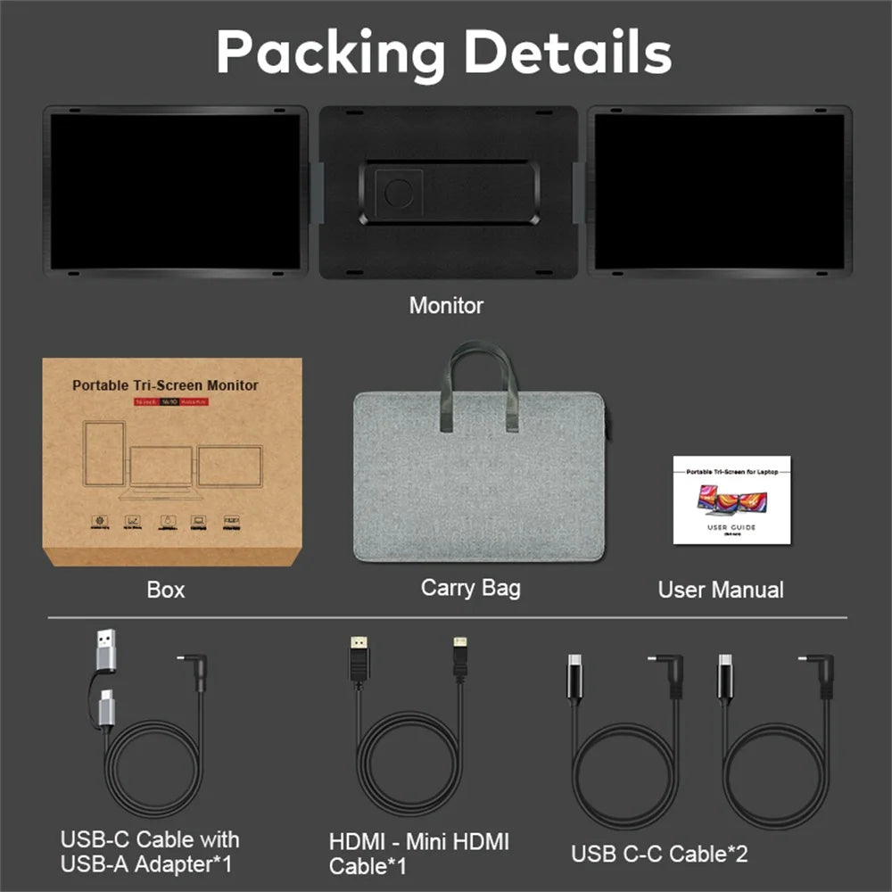 Rospider 16 Inch Portable Dual Screen Laptop Monitor Extender 1200P 2560P Rotatable Triple Display for Laptop MacBook Windows