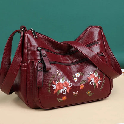 Embroidery Flowers Shoulder Messenger Bag Female Handbags Luxury Designer Purses Soft PU Leather Crossbody Women's Evening Bag