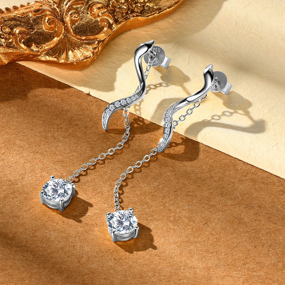 Sweetrain 1CT Moissanite Drop Earrings S925 Sterling Silver Long Tassel Dangle Earring for Women Wedding Jewelry Gifts with GRA