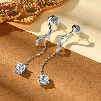 Sweetrain 1CT Moissanite Drop Earrings S925 Sterling Silver Long Tassel Dangle Earring for Women Wedding Jewelry Gifts with GRA
