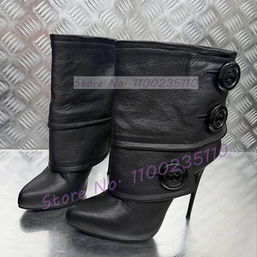 Button Decor Foldover Ankle Boots Female Chic Leather Splicing Pointy Toe High Heels Shoes Patchwork Slip On Sexy Stiletto Boots