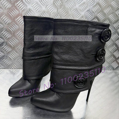 Button Decor Foldover Ankle Boots Female Chic Leather Splicing Pointy Toe High Heels Shoes Patchwork Slip On Sexy Stiletto Boots