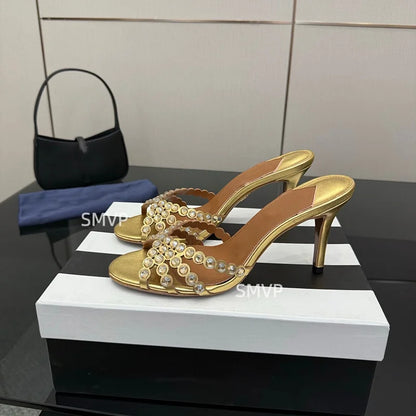 Summer 2026 Women's Pink Crystal High Heels Diamond-Encrusted Slim Heel Sandals for Outdoor Weddings Parties Fashionable Ladies'