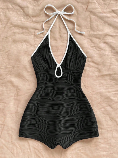 Summer Backless Sleeveless Halter Mini Playsuits Women 2026 V Neck Romper Streetwear Black White Female Shorts Jumpsuits