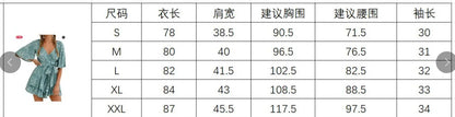 Hot-selling Women's Jumpsuits V-neck Flared Sleeves High Waist Plant Printed Pleated Lace-up Fashion High Street Playsuits