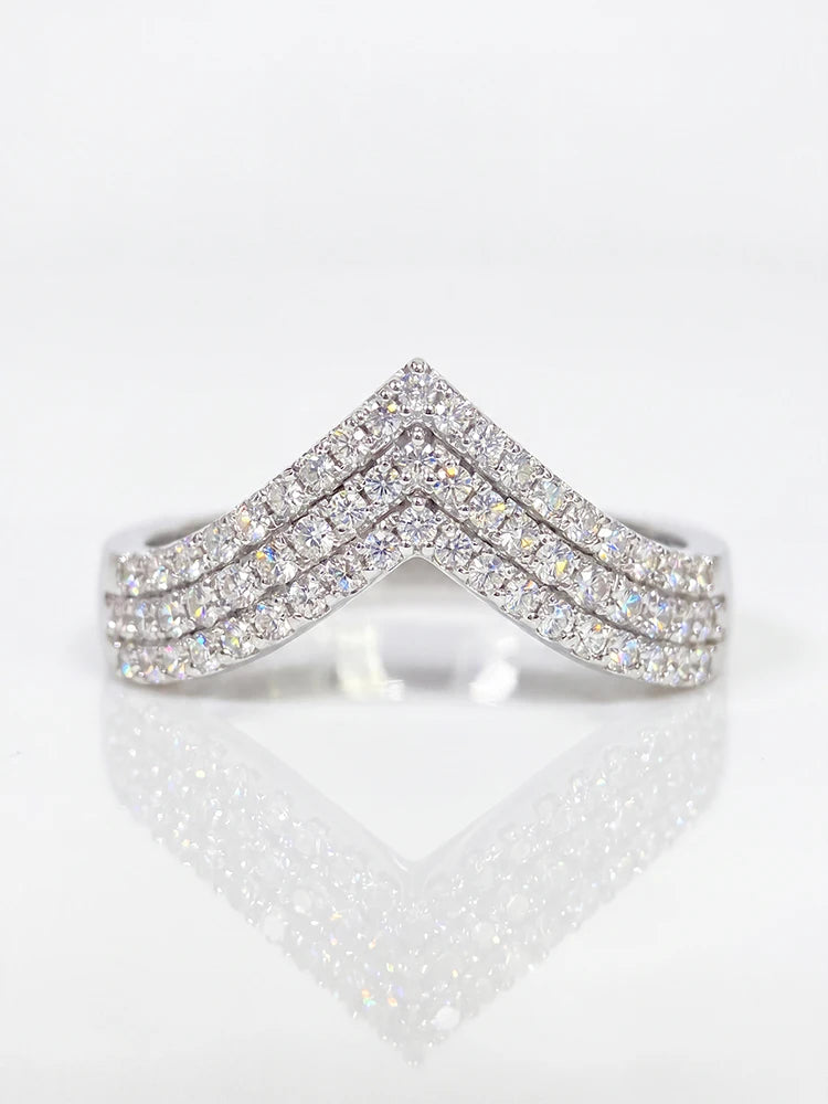 Fashion Real Round Moissanite Diamond V-shaped Rings for Women Daily Wear Anniversary Party 925 Sterling Silver Fine Jewelry