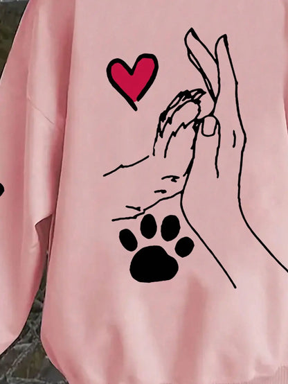 Ladies' Casual and Elegant Polyester Hoodie with Dog and Heart-Shaped Paw Prints, Hoodie, Animal Pattern