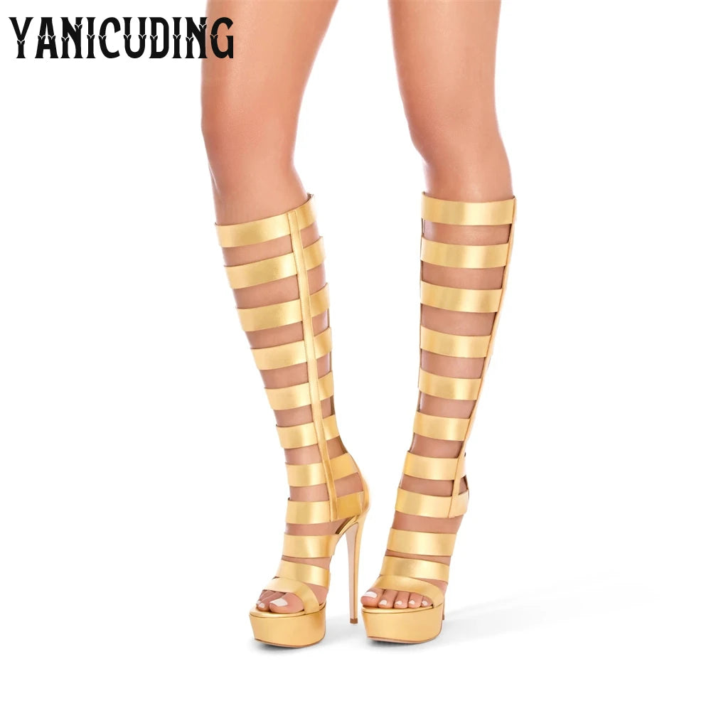 Strappy Gladiator Sandal Boots Metallic Gold Below the Knee Stiletto Boots Fashion Sexy Style Back Zipper Platform Women's Boots