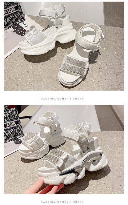 Summer High Platform Women Sandals Buckle 10CM Wedges Bling Shoes Fashion 2023 Outside Chunky Sandals Beach Casual Slides Woman