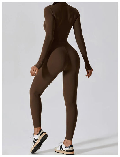 Womens Jumpsuits Long Sleeve Yoga Slim Fit Stretch One Piece Romper Sexy Fitness Female Basic Sportwears Tight Zipper Ladies