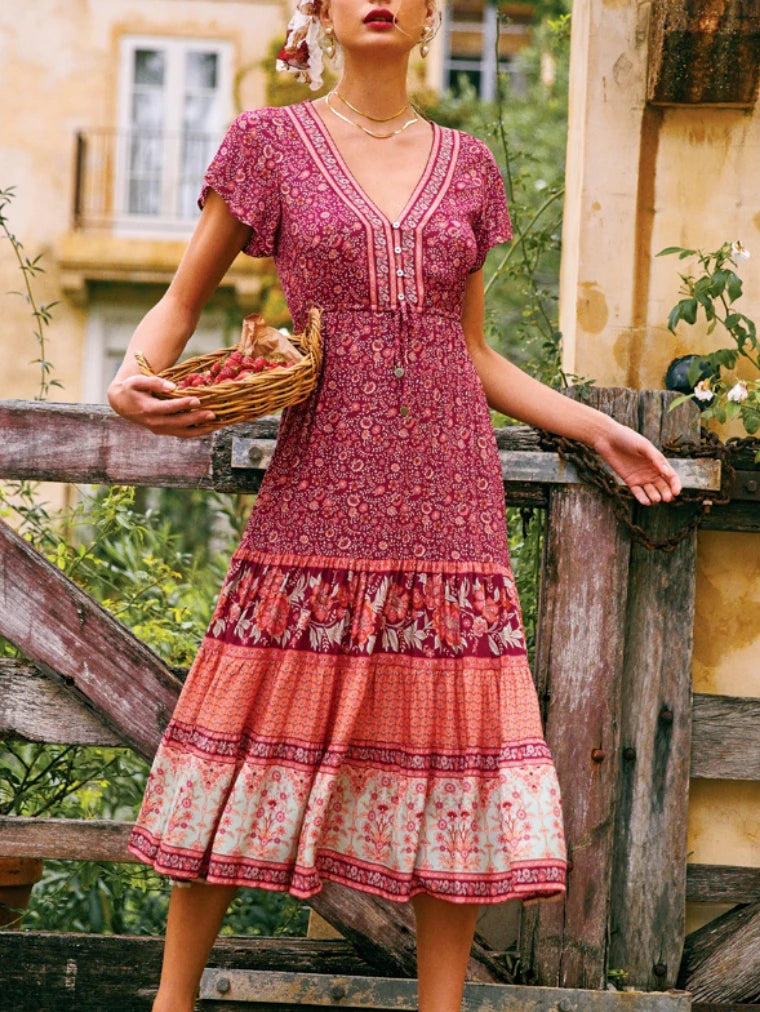 Boho Queens  Vintage Floral Print Sashes Beach Robe Bohemian Maxi Sundress Robe Ladies Cross V Neck Happie Dress Vestidos