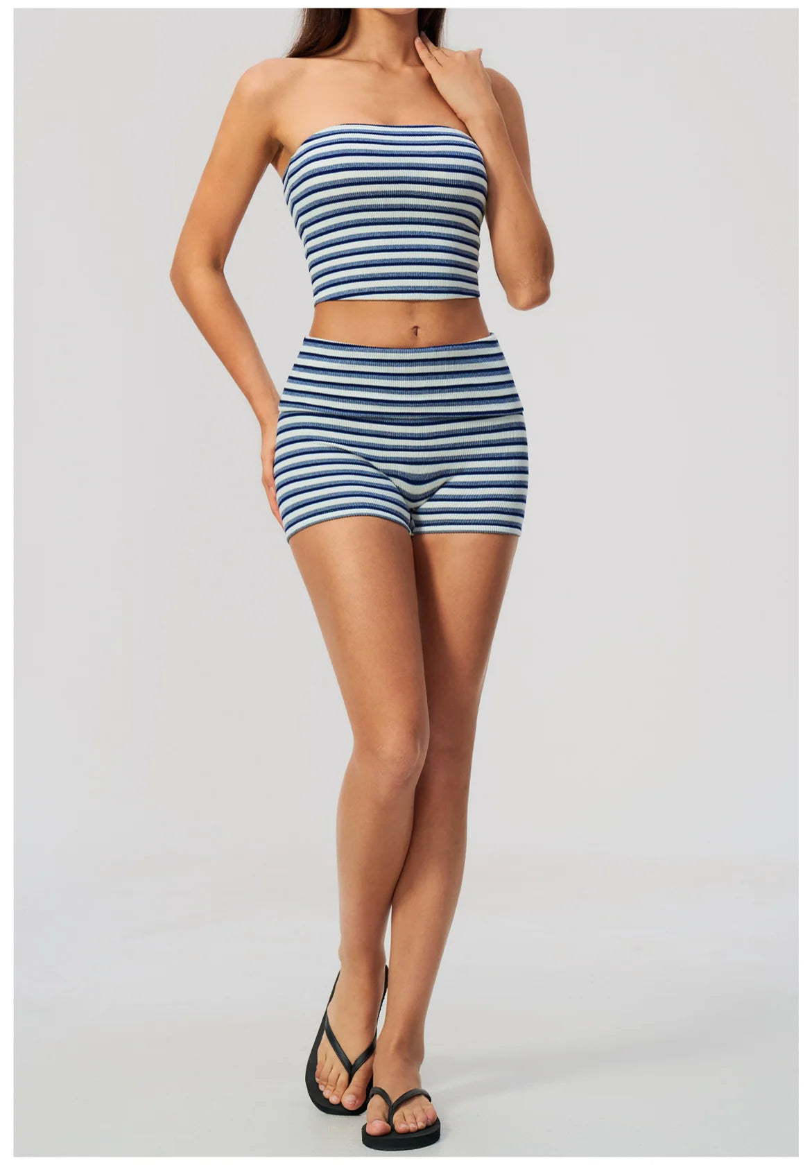 Women 2/3pcs Yoga Set Gym Clothing Fitness Suit Workout Tracksuit Outfits Ribbed Striped Strapless Tube Top Zipper Long Sleeve