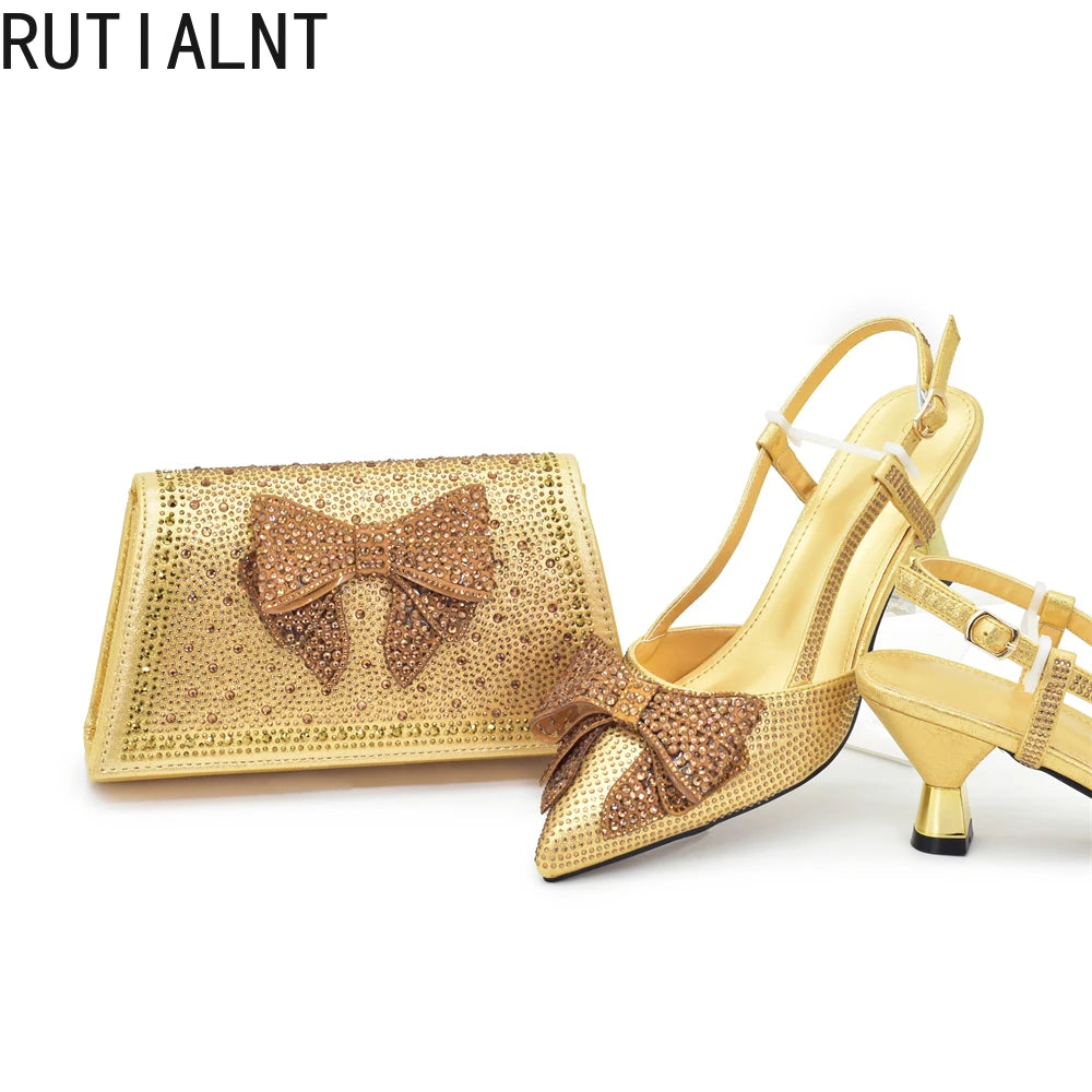 New Arrival Italian Shoe and Bag Set Designer Wedding Luxury Italian Shoes and Bag Set for Women Full Rhinestone Party Pumps