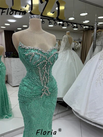 Turquoise Sweetheart Mermaid Prom Dress Customized 2026 Hand Beaded Crystal Backless Formal Party Evening Dress Robe De Soiree