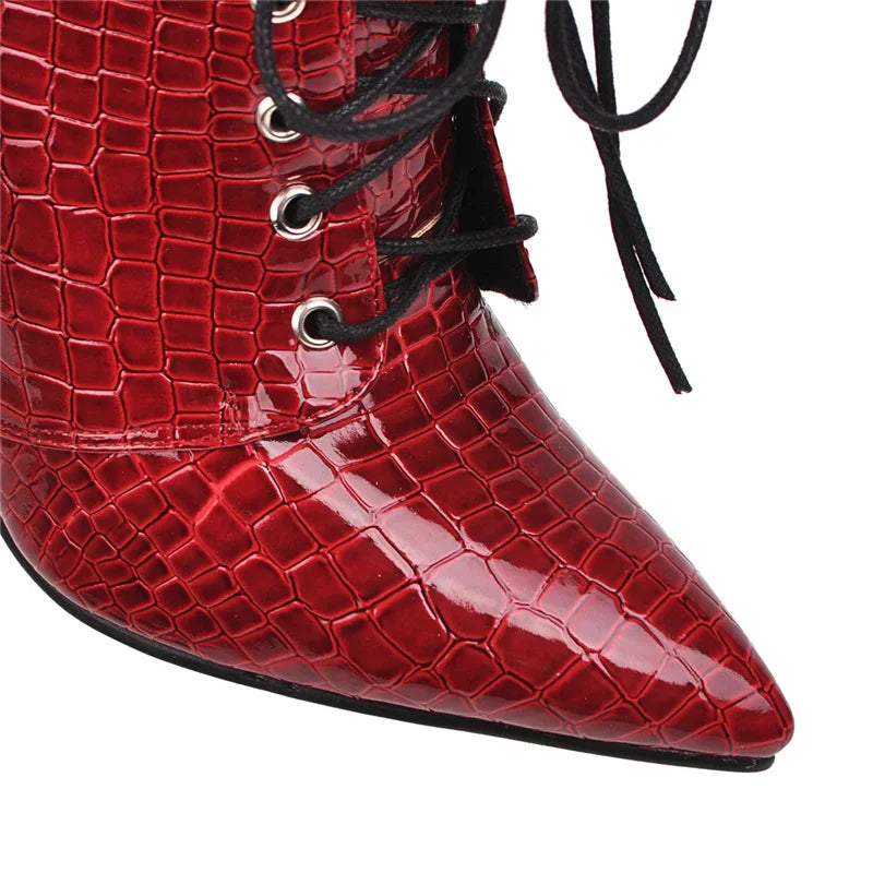 Sexy Ankle Cowboy Boots For Women Dance Shoes Fashion Snake Red White Black High Heels Lace Up Short Boot Autumn Large Size