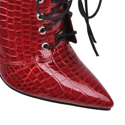 Sexy Ankle Cowboy Boots For Women Dance Shoes Fashion Snake Red White Black High Heels Lace Up Short Boot Autumn Large Size