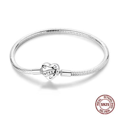 Silver 925 Bracelet Original Bracelets Colorful Zircon Heart Flower Cat Snake Chain For DIY Charms 17-20CM Luxury Jewelry Gifts