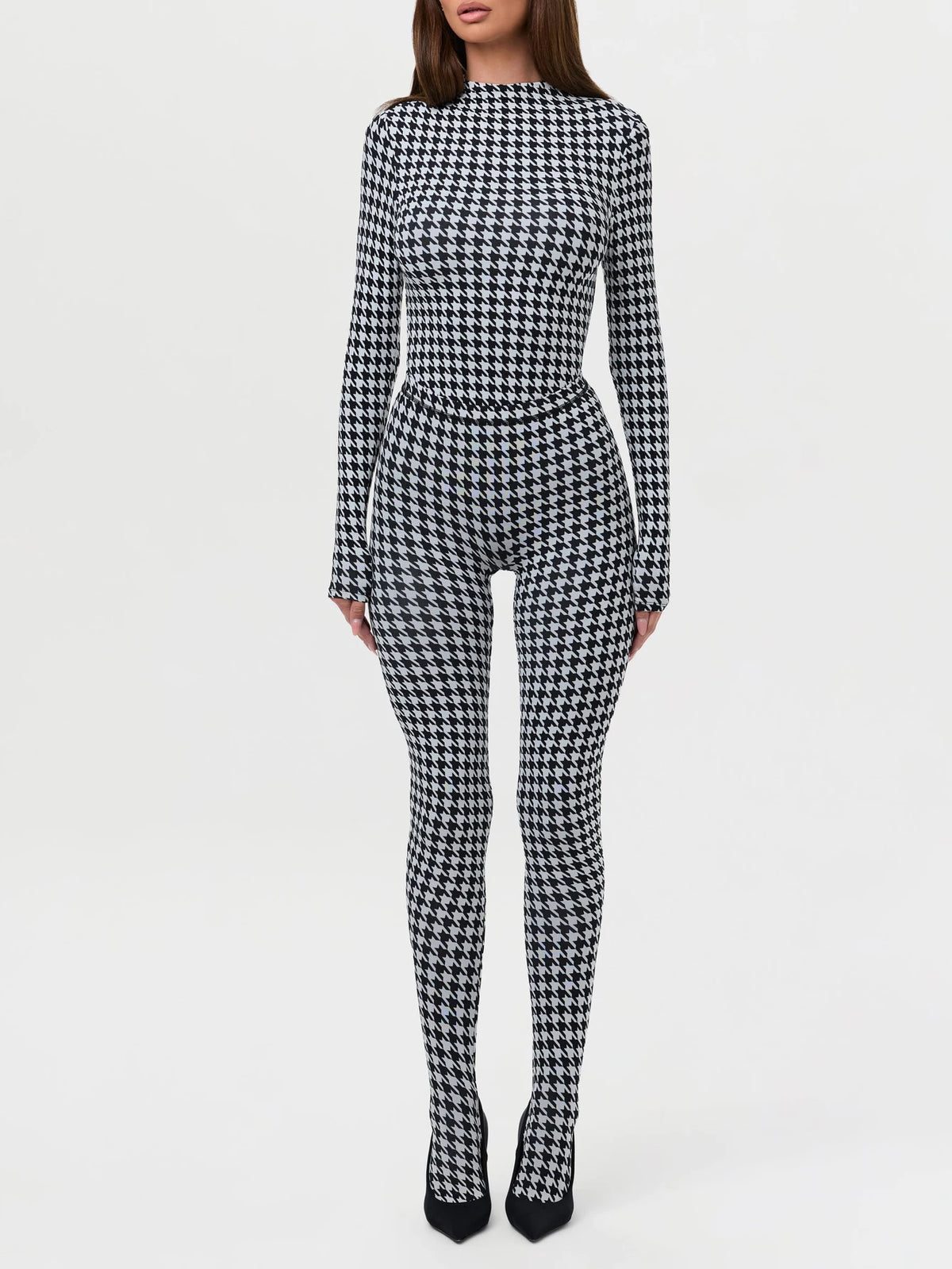 Women's fashionable printed high neck long sleeved sexy high waist slim fit jumpsuit