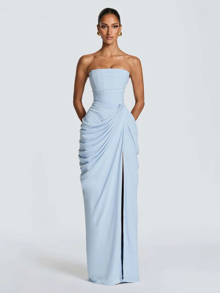 Solid Pleated Strapless Women's Dress Backless Off-shoulder High Waist Split Female Dresses 2026 Sexy Summer Evening Party Gown
