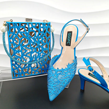 Nigerian Style Elegant Women's Party Shoes  Luxury Full of Diamonds Shoes Sky Blue Pointed High Heel Shoe Bag Set