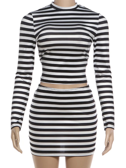 Weird Puss Striped Print 2-Piece Set Women O-Neck Full Sleeve Crop Tops+Mini Simple Skirt Spring Trend Skinny Classic Party Suit