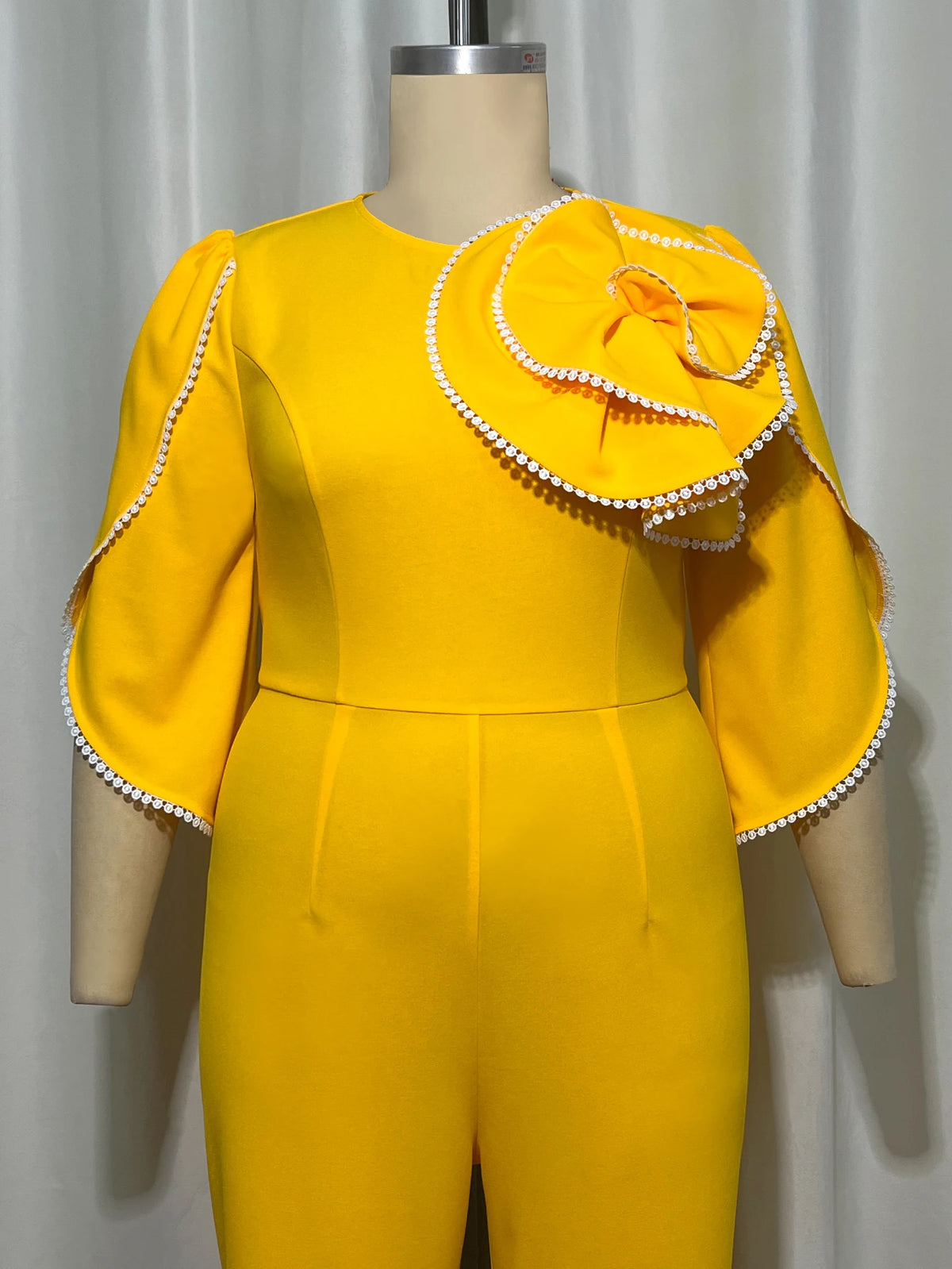 Women Elegant Jumpsuit O Neck White Trim 3D Flower Short Flare Sleeves Causal Church Party Wedding Guest Festival Occasions