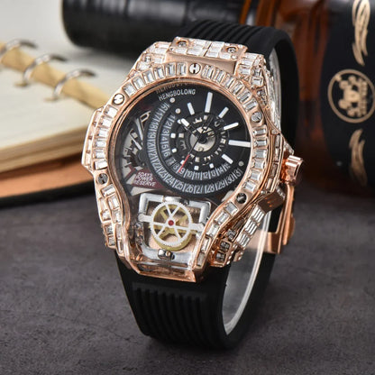Business Full Diamond Case Luxury Top Mens Watches Rubber Strap Color Creative Decorative Quartz Watch Men AAA Clocks Relogio