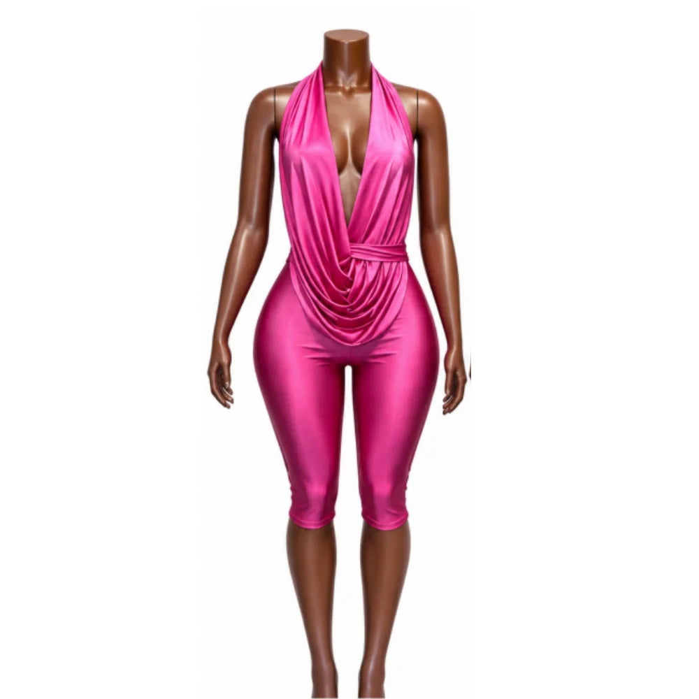 FAGADOER Sexy Deep V Draped Halter Rompers Fashion Patchwork Back Lace‑Up Hollow Out Bodycon Jumpsuits Night Club Playsuits New