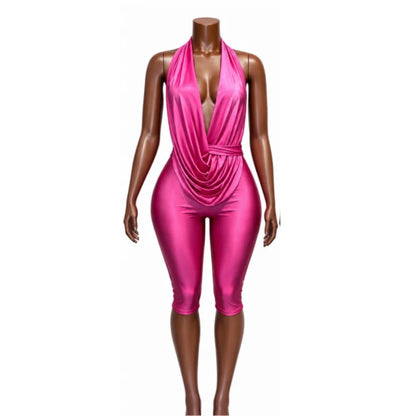 FAGADOER Sexy Deep V Draped Halter Rompers Fashion Patchwork Back Lace‑Up Hollow Out Bodycon Jumpsuits Night Club Playsuits New