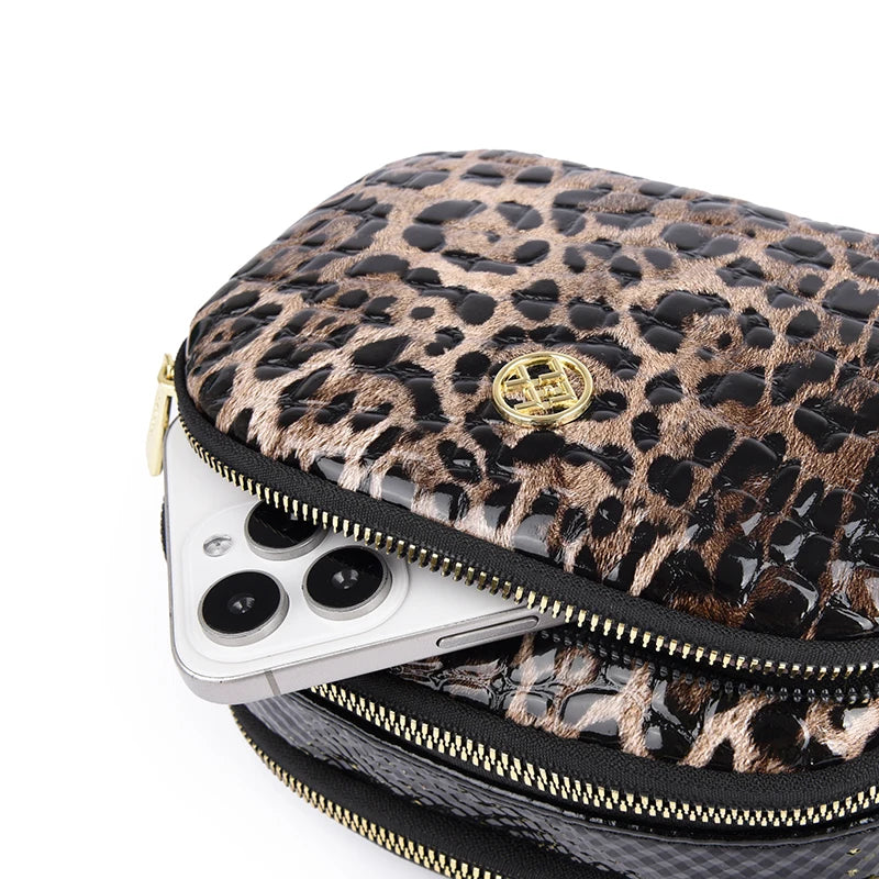 New 2025 Womens Small Messenger Bag PU Leather Shiny Shoulder Bag Fashion Saddle Bags Leopard Print Phone Purse Lipstick Storage