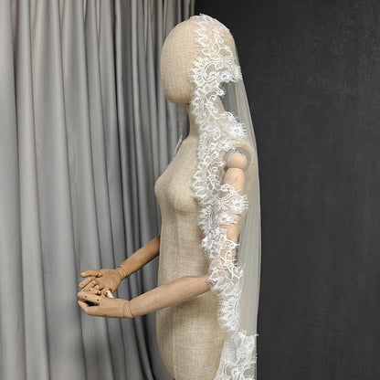 Customized Mantilla Veil with Eyelash Lace, Single Tier 1m/1.5m/2m Wedding Veil with Hidden Comb, Eyelash Lace Ivory Bridal Veil