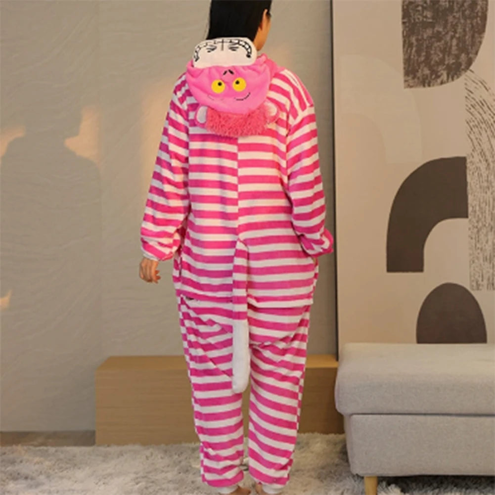 Cheshire Cat Cartoon One-Piece Pajamas Flannel Men and Women  Home Wear Autumn and Winter Home Clothing for Autumn and Winter