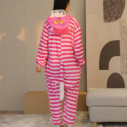 Cheshire Cat Cartoon One-Piece Pajamas Flannel Men and Women  Home Wear Autumn and Winter Home Clothing for Autumn and Winter