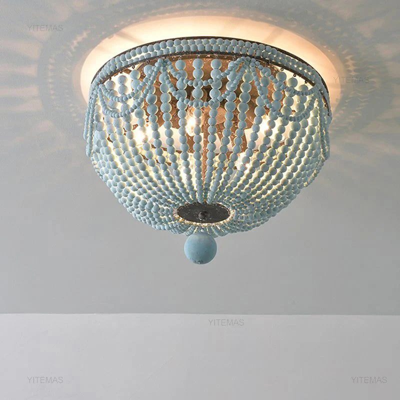 Blue Grey Wooden Beads 8 Lights Chandeliers For Foyers Vintage White Chandelier Lighting Bedroom Living Room Boho Pendant Light