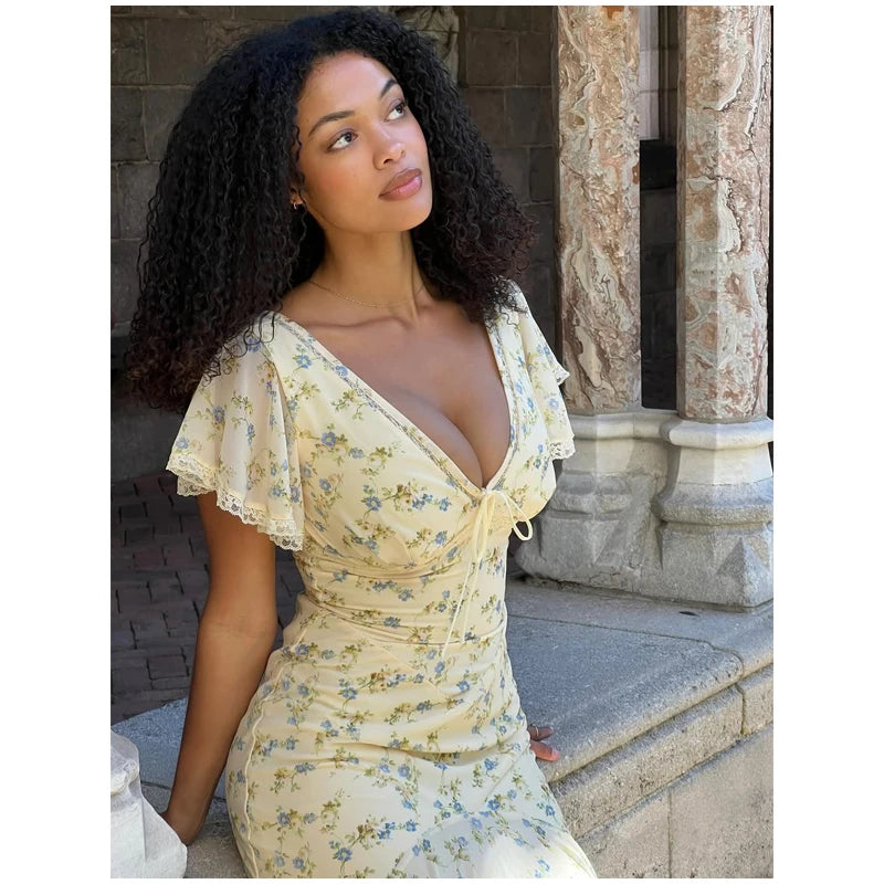 Fashion V-neck Floral Women Maxi Dress Flutter Sleeve Lace Trim High Waist Chiffon Vestidos Summer Female Daily Vacation Dresses