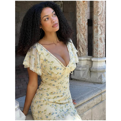 Fashion V-neck Floral Women Maxi Dress Flutter Sleeve Lace Trim High Waist Chiffon Vestidos Summer Female Daily Vacation Dresses