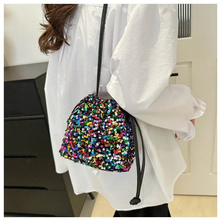 Shiny Sequin Drawstring Shoulder Bags for Women, Mini Crossbody Purse ,Sparkly Evening Handbag Suitable for Party Night Out