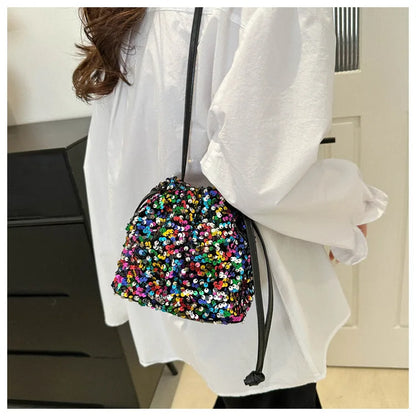 Shiny Sequin Drawstring Shoulder Bags for Women, Mini Crossbody Purse ,Sparkly Evening Handbag Suitable for Party Night Out