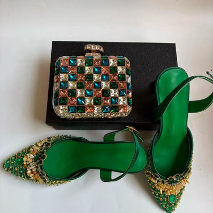 Insightlink Green Crystal High Heel with Bag Set for Bridal Wedding Party Designer Pointed Toe and Clutch Luxury Sandal Handbag