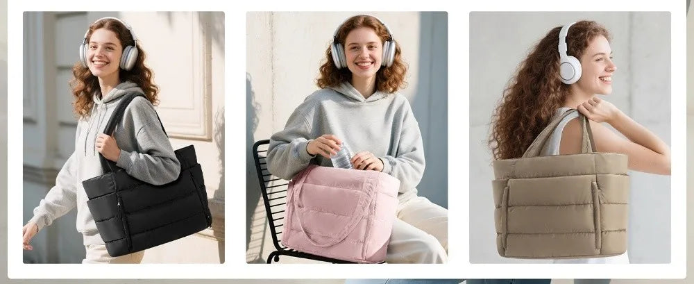 Large Capacity Puffer Tote Bag for Women Multiple Pockets with Coin Purse Commuting Bags Lightweight Water-resistant Mom Bag