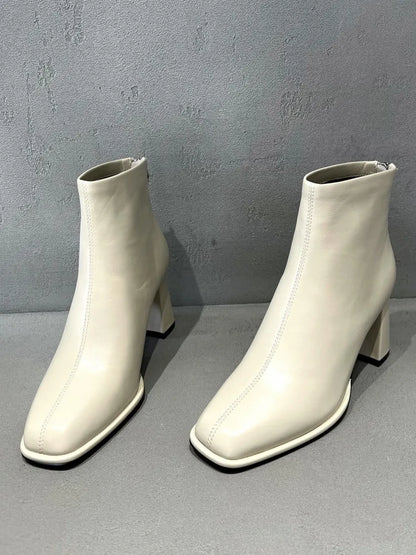 Concise Female Genuine Leather Square Toe Chunky Heel Ankle Boots Versatile Solid Color Cowhide Zipper Hard Wearing Footwear