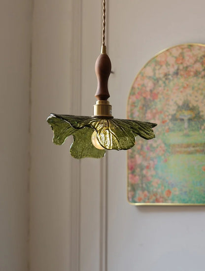 IWHD Home Decor LED Pendant Lights Kitchen Restaurant Copper Socket Flower Green Glass  Nordic Modern Walnut Wood Hanging Lamp