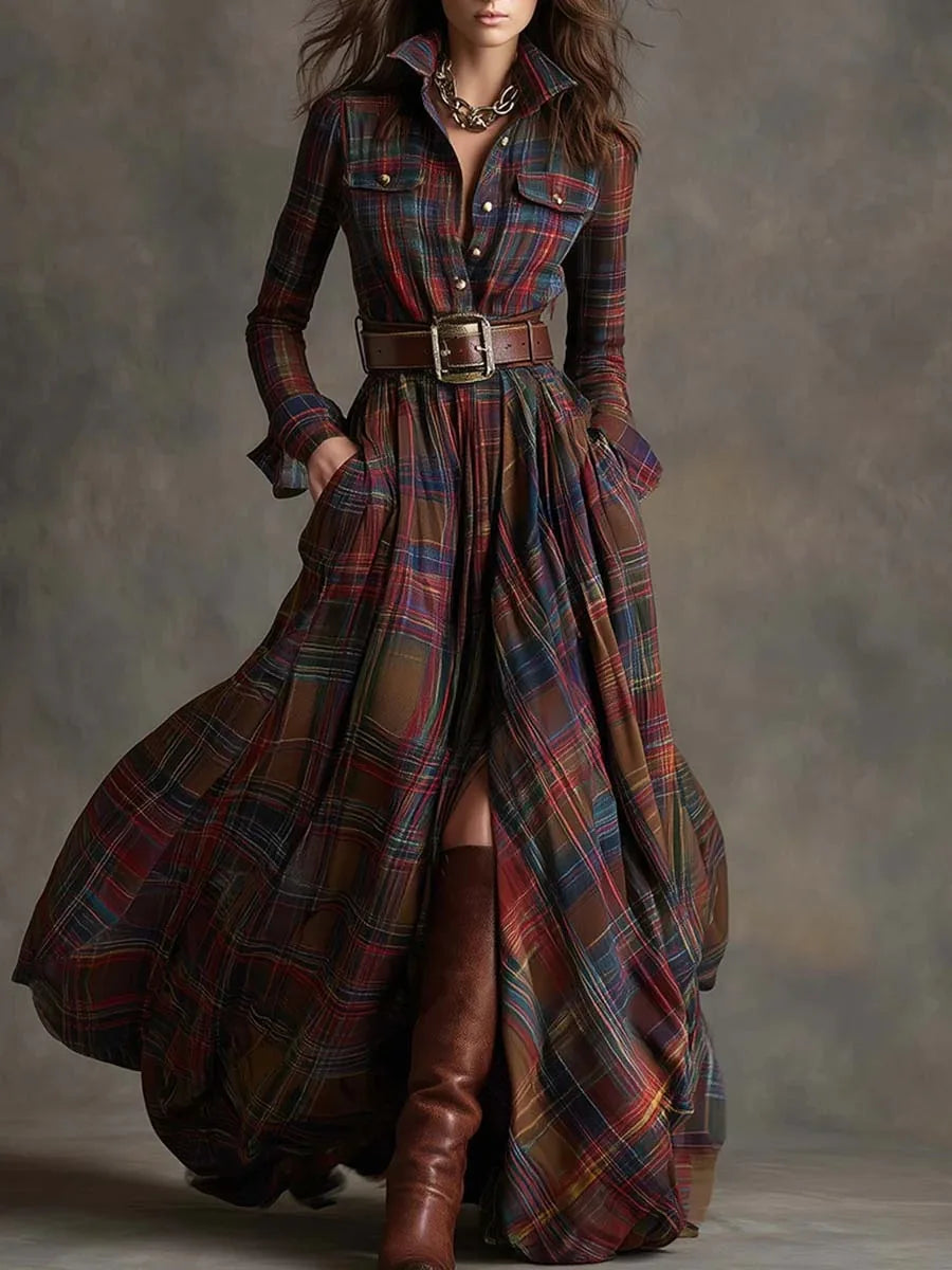 Autumn Vintage Long Sleven Dress for Women Plaid Print Shirt Maxi Dress Vacation Female Elegant Belt Loose Pocket A-line Dresses