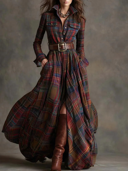 Autumn Vintage Long Sleven Dress for Women Plaid Print Shirt Maxi Dress Vacation Female Elegant Belt Loose Pocket A-line Dresses