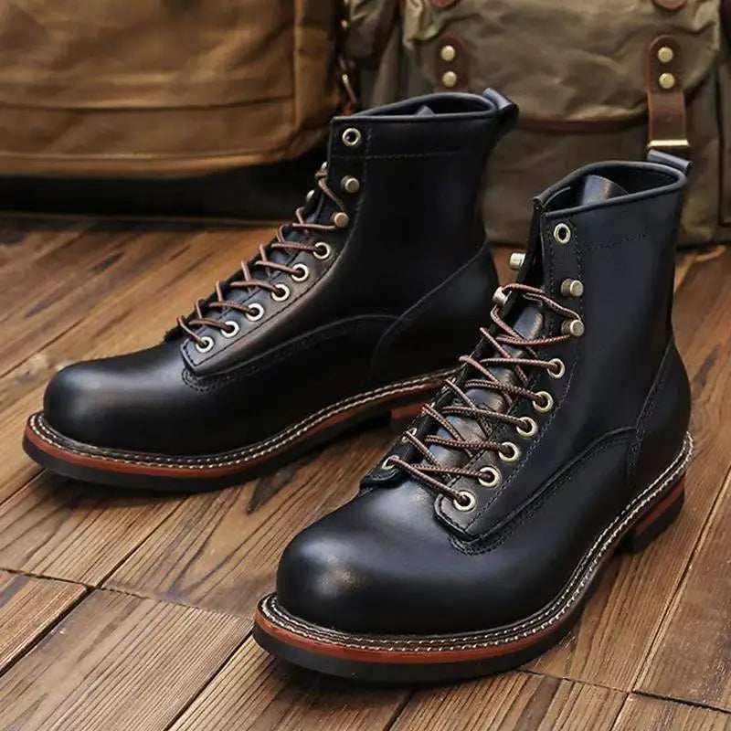 Hot Cowhide Men's Trekking Boot British Ankle Casual Sneakers Trekking Shoes Thick Soled High Top Motorcycle Boots