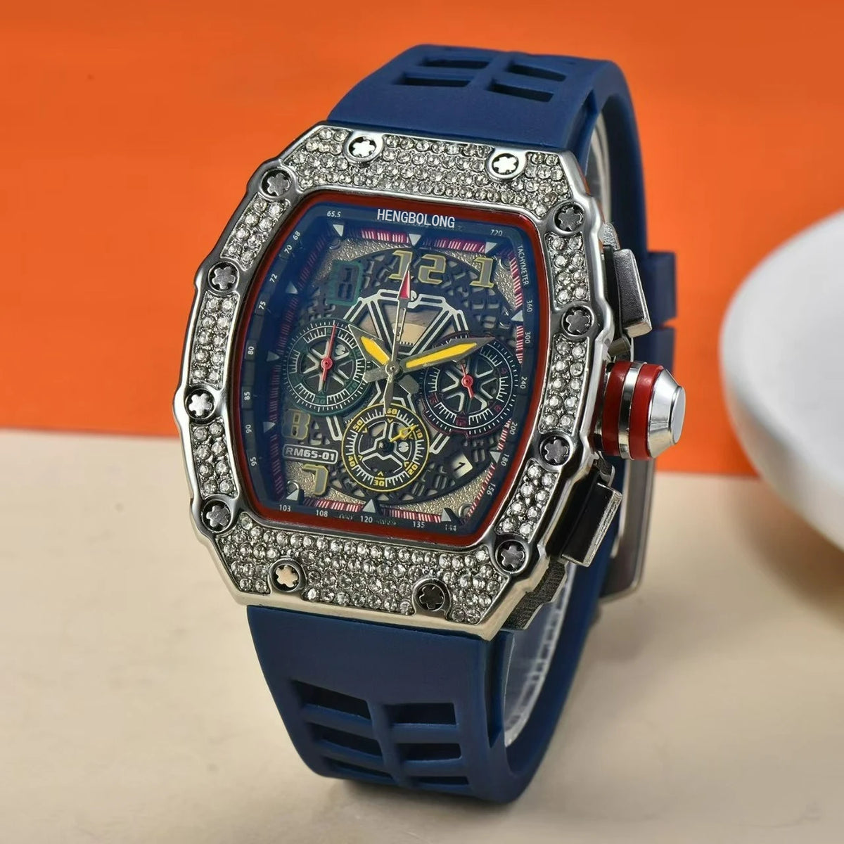 Hengbolong quartz watch men's popular wine barrel diamond-encrusted watch six-pin multi-function running second watch